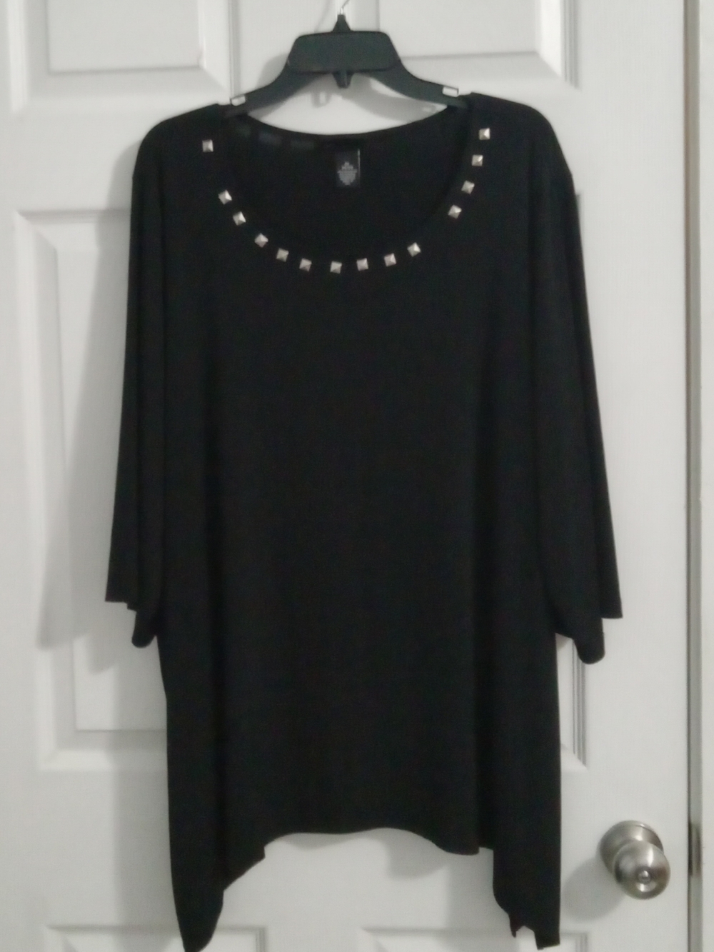 Maggie Barnes Womens Plus Black Scoop Neck Top with Silver Stud Trim